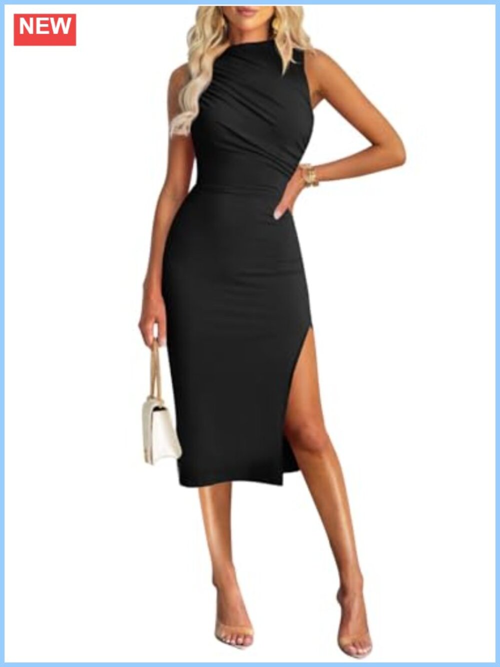 Mock Neck Ruched Bodycon Midi Dress Sleeveless Side Slit Cocktail Party